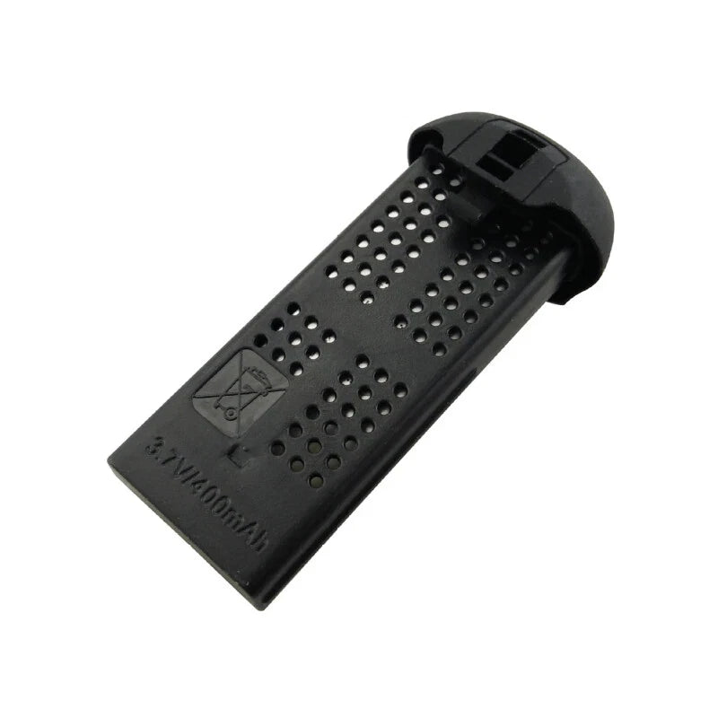 Black plastic RC drone replacement battery pack with vent holes and connector