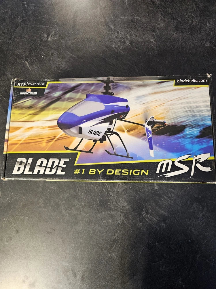 Blade MSR Micro RC helicopter RTF box with electric blue, white, and black flybar