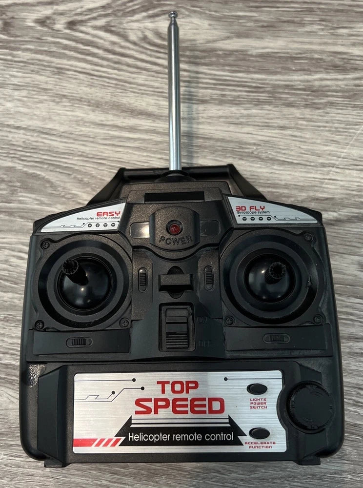 RC helicopter transmitter with LCD screen, two joysticks and tall antenna, black case
