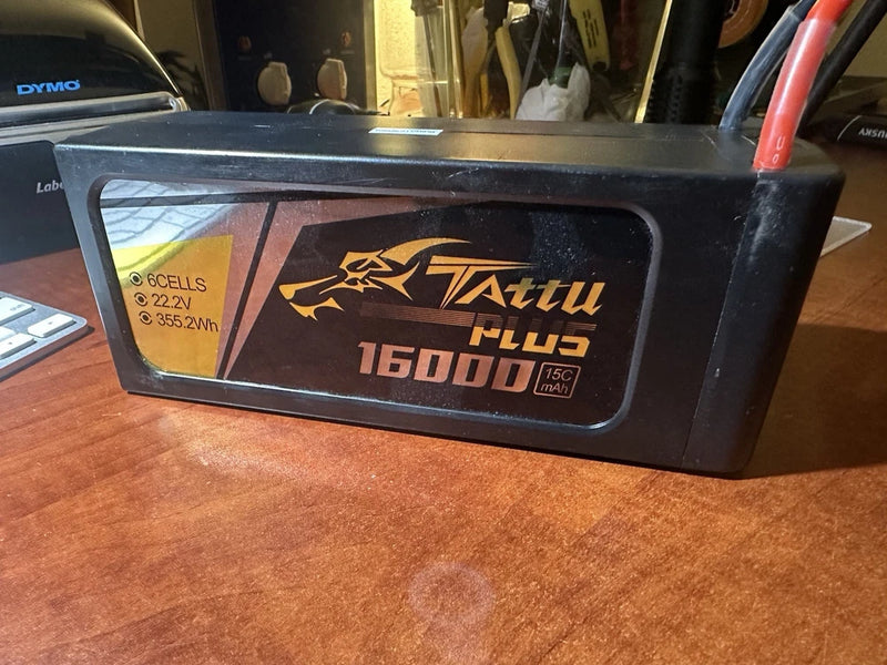 Tattu Plus 16000mAh LiPo battery with black case and label