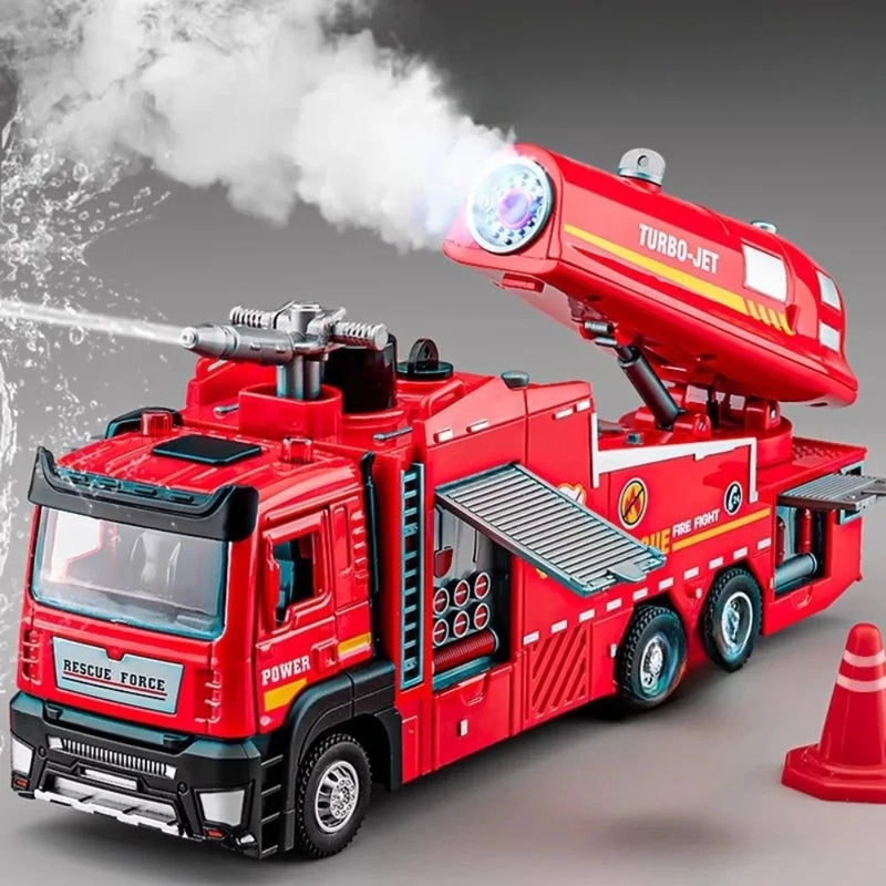 Water Spray Fire Truck Model Ladder Trucks Toy Car Sound Light Pull B 1:32 Scale