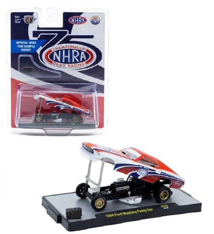 1:64 1969 Ford Mustang Funny Car die-cast model on stand, orange white blue decals