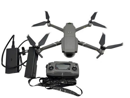 Camera drone with controller and propellers, gray body