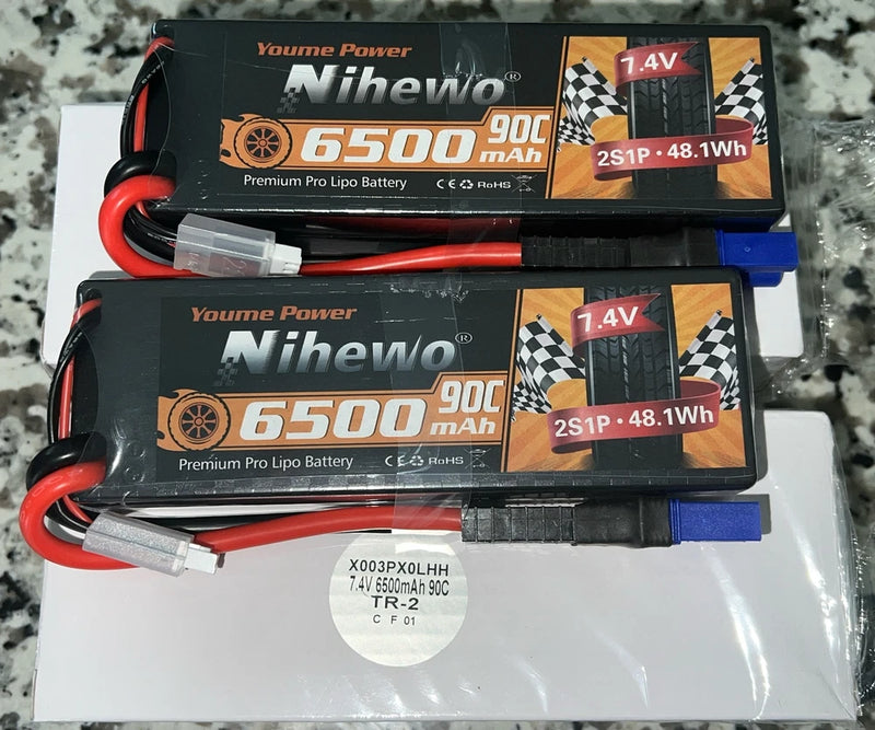 2pcs Youme 7.4V 6500mAh 2S 90C LiPo Battery for RC  Car Truck Buggy Racing Battery
