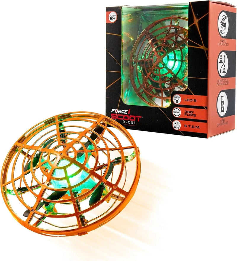 Indoor mini drone toy with orange spherical cage and blue center, LED-style design
