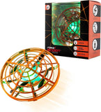 Indoor mini drone toy with orange spherical cage and blue center, LED-style design