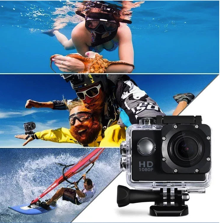 Waterproof digital action camera in clear case with wide-angle lens, front view.