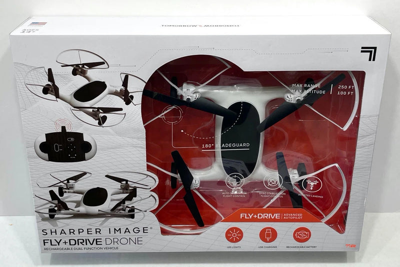 Rechargeable Fly+Drive drone set in retail box with remote controller shown