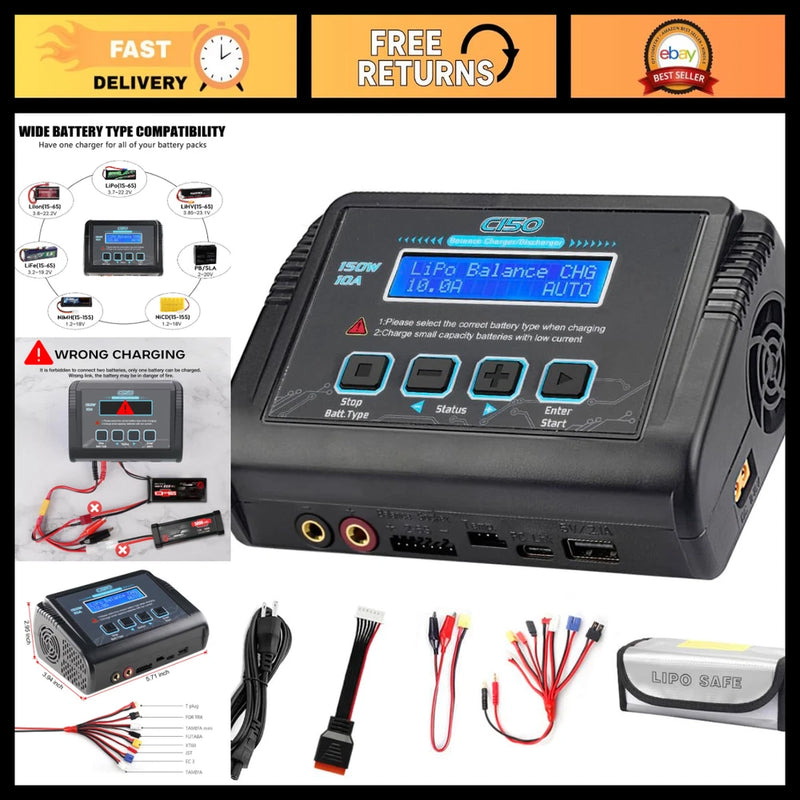 150W 10A LiPo Battery Charger - Fast Balance Charger for RC Cars & Drones Battery