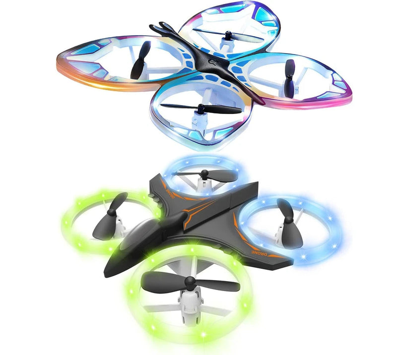 Colorful LED quadcopter drone with four rotors and glowing ring lights