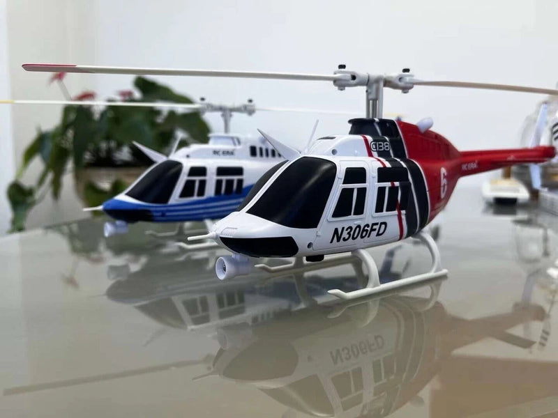 White and red 6-channel optical flow RC helicopter drone with landing skids