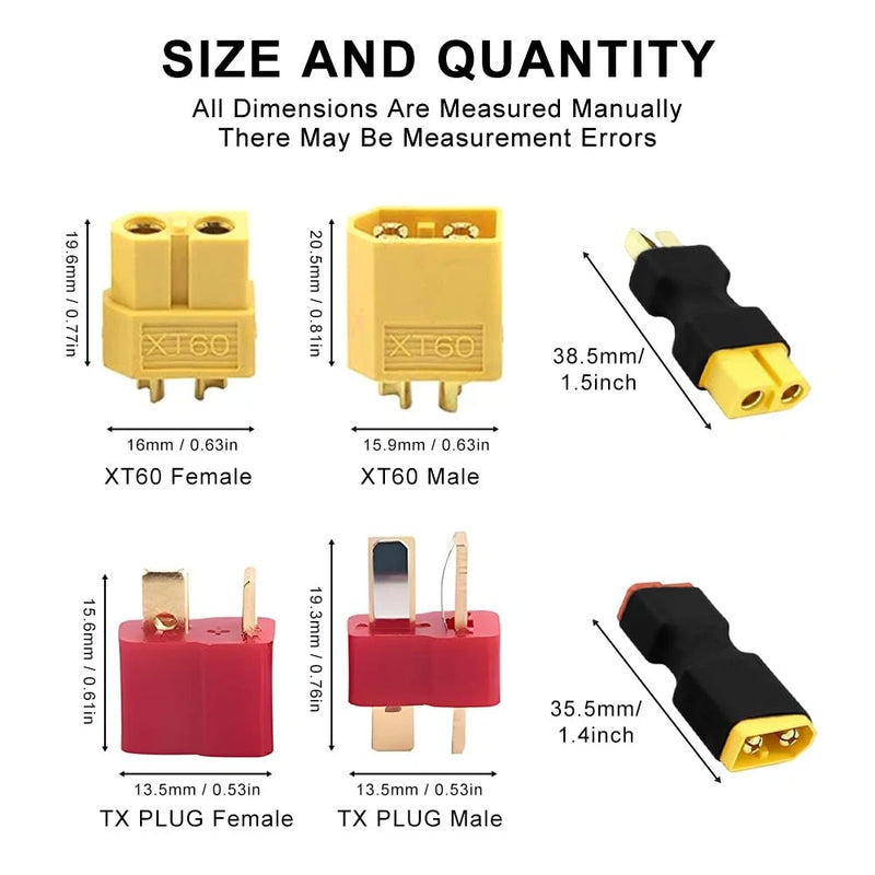 XT60 to T Plug Adapter Male Female No Wire - RC LiPo Battery Connector 2pcs Battery