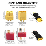 XT60 to T plug adapter connectors set with male and female plugs, size measurements shown