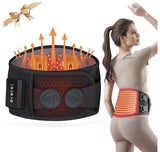 Black heated massage belt with controller, waist-worn elastic band and heat pad panels