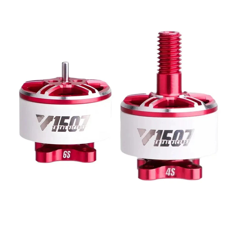 RC drone brushless motor pair, red anodized V1507 housings marked 4S and 6S