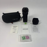 360 action camera with black carry case, quick-start guides, and accessory cards