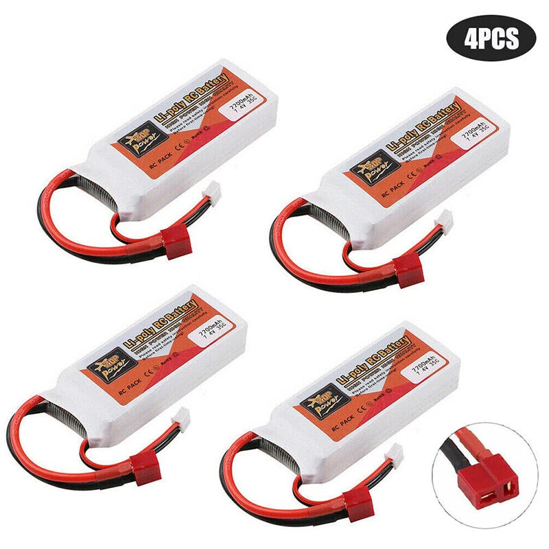 4x ZOP Power 2200mAh 7.4V 2S LiPo Battery T-Male for RC Car Airplane Helicopter