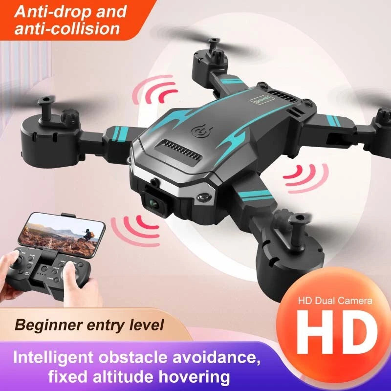 Foldable quadcopter drone with black arms and teal accents, compact camera system