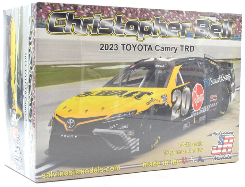1/24 scale stock car model kit box showing yellow and black 2023 Toyota Camry TRD