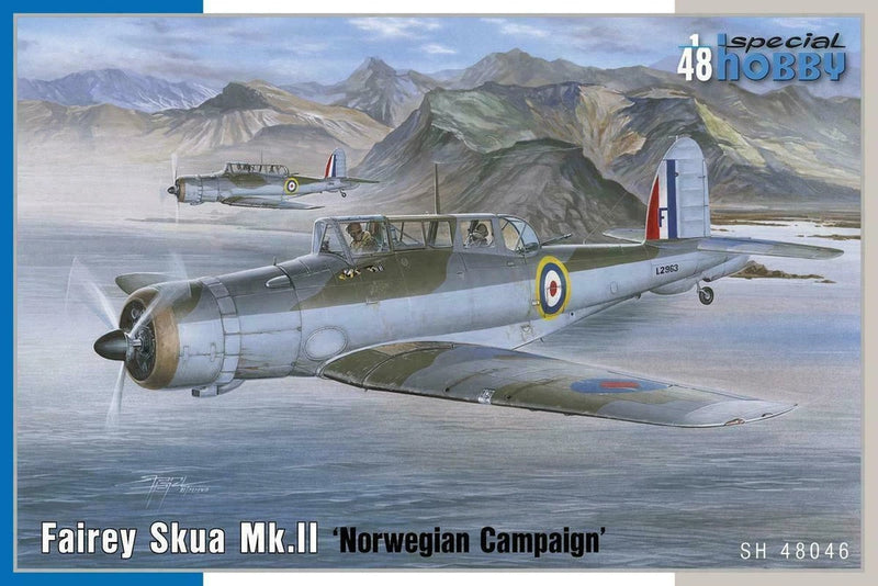 Gray and green propeller model airplane with Norwegian roundel, boxed kit artwork