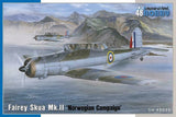 Gray and green propeller model airplane with Norwegian roundel, boxed kit artwork
