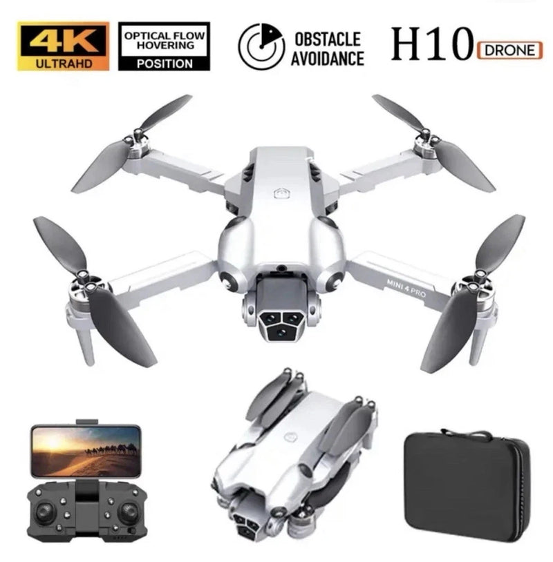 White quadcopter drone with four propellers, HD camera, controller and carrying case