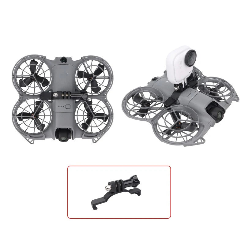 Drone camera extension mount holder bracket with four fan-style prop guards