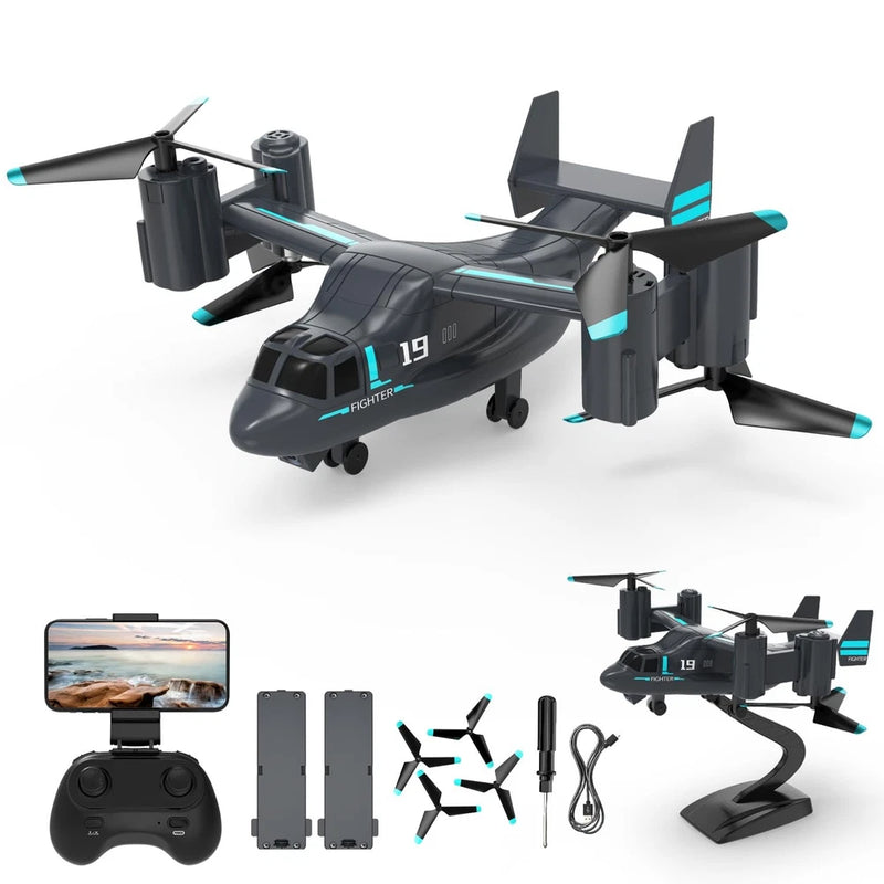 Black quadcopter drone with HD camera, blue LED accents, foldable arms and controller kit