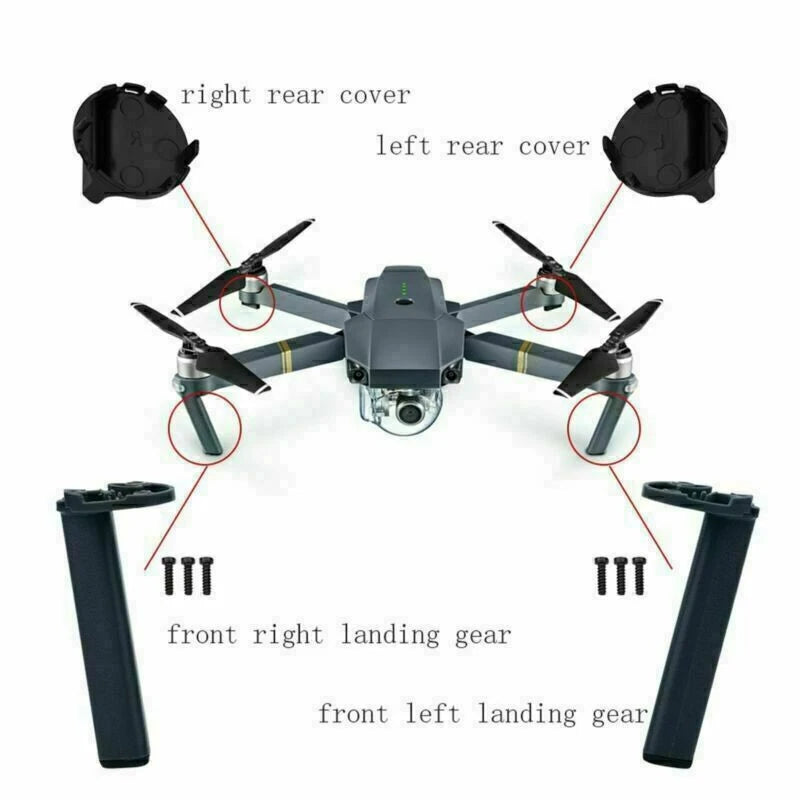 Drone landing gear legs kit with front and rear arms and protective covers, black