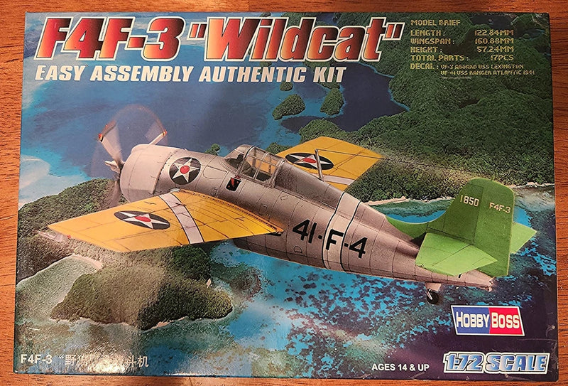 HobbyBoss 1/72 Grumman F4F-3 Wildcat plastic model kit box, easy assembly art