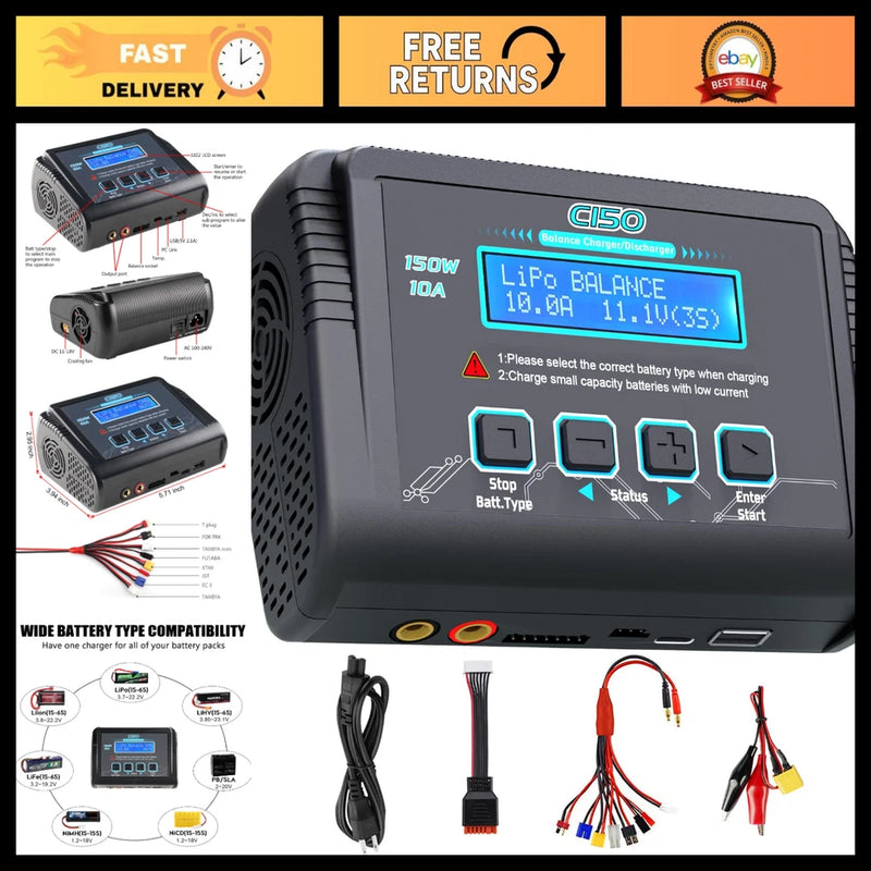 150W 10A Lipo Battery Charger 1-6S Balance AC/DC for Li-Po, NiMH, NiCd, Pb Battery