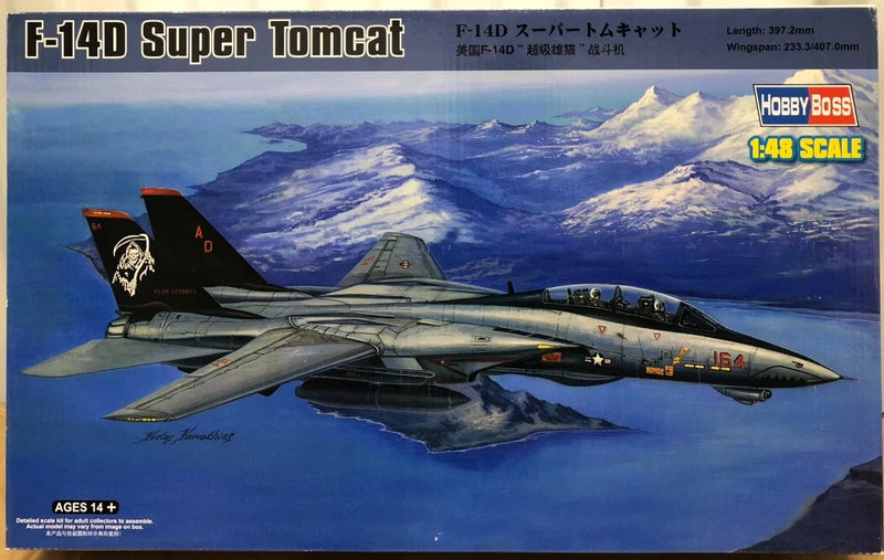 HobbyBoss 1/48 F-14D Tomcat model kit box art with aircraft illustration