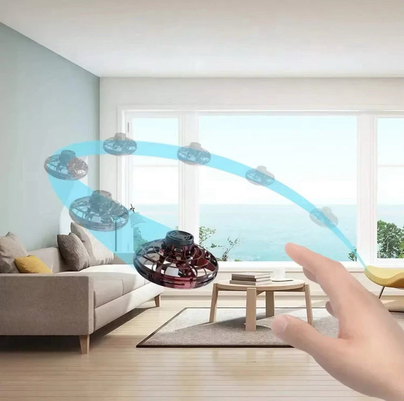 Mini LED UFO drone with hovering light pods, controlled by fingertip hand