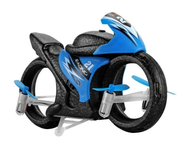EACHINE mini quadcopter RC car drone, blue and black with spinning propellers and wheels