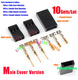 Male and female servo connector plug set with plastic housings and gold crimp pins