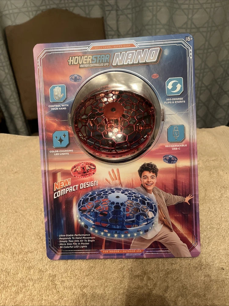 HOVERSTAR Nano UFO toy retail box, red light-up design