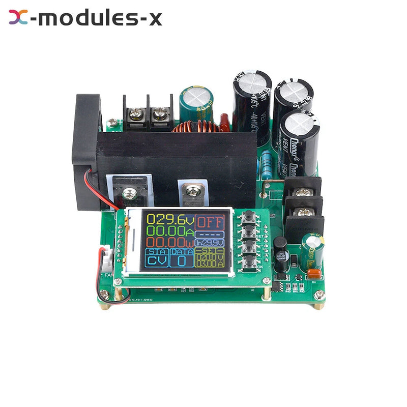 DC DC boost module with LCD display on green PCB and power terminals