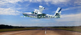 White and blue RC airplane model on runway, ready-to-fly kit