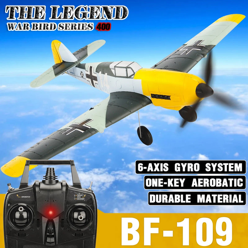Yellow and gray RC BF-109 style airplane drone with propellers, flying wing design
