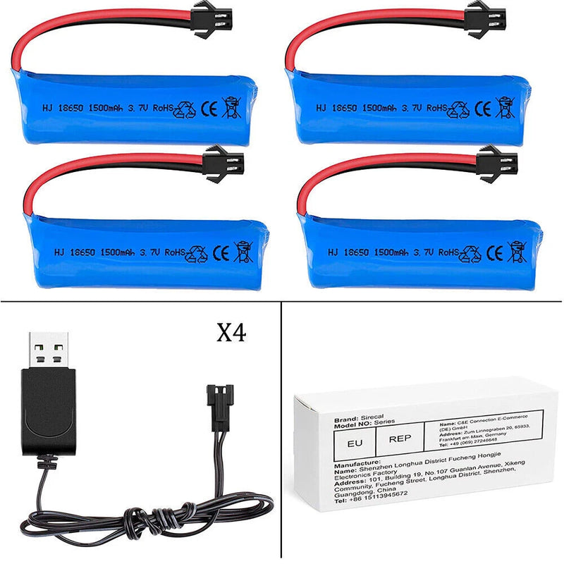 4-pack rechargeable Li-ion RC car batteries with SM plug and red connector leads