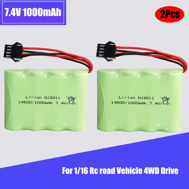 2Pcs 7.4V 1000mAh 2S Li-po Battery 14500 For 1/16 Rc road Vehicle 4WD Drive High