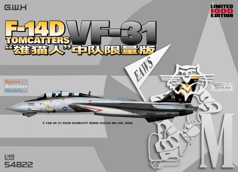 1:48 scale F-14D Tomcat model kit, gray fighter jet with VF-31 markings