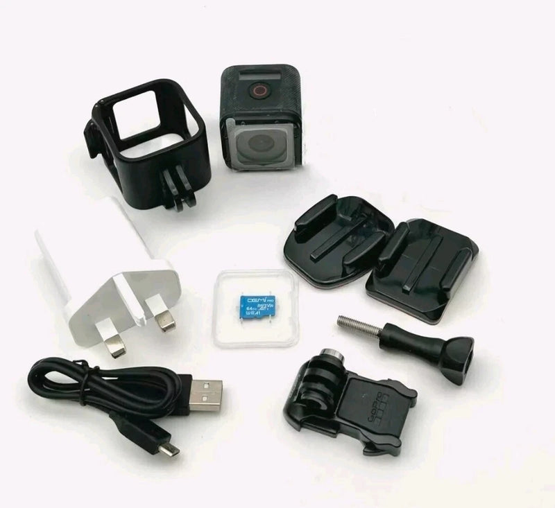GoPro HERO Session action camera kit with mounts, case, battery, and USB cable