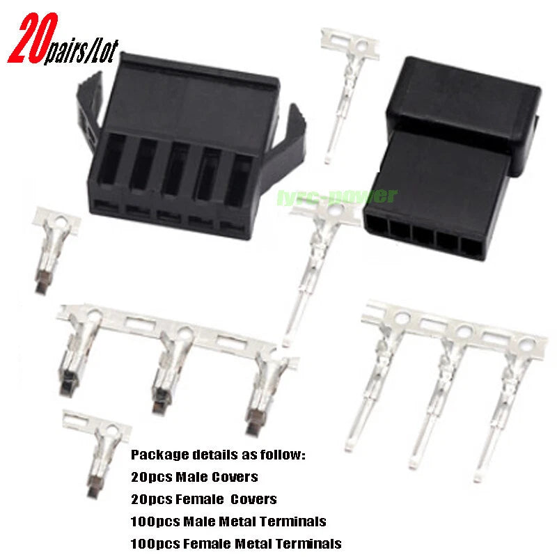 20-pair 2.54mm 5-pin crimp connector plug set with black socket housings and terminals