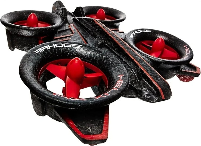 Black and red RC quad copter drone with four red propellers and Air Hogs branding