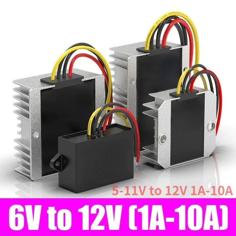 DC-DC step-up boost regulator module with heat sinks and terminal wires, 6V to 12V.