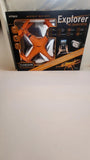 Orange RC quadcopter drone in retail packaging box