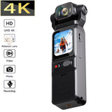 Handheld action camera with front lens and tilting LCD screen, black and dark gray