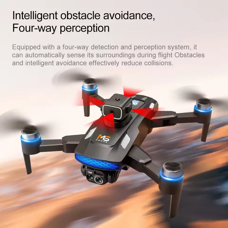 Quadcopter drone with blue LED lights, camera gimbal, obstacle avoidance