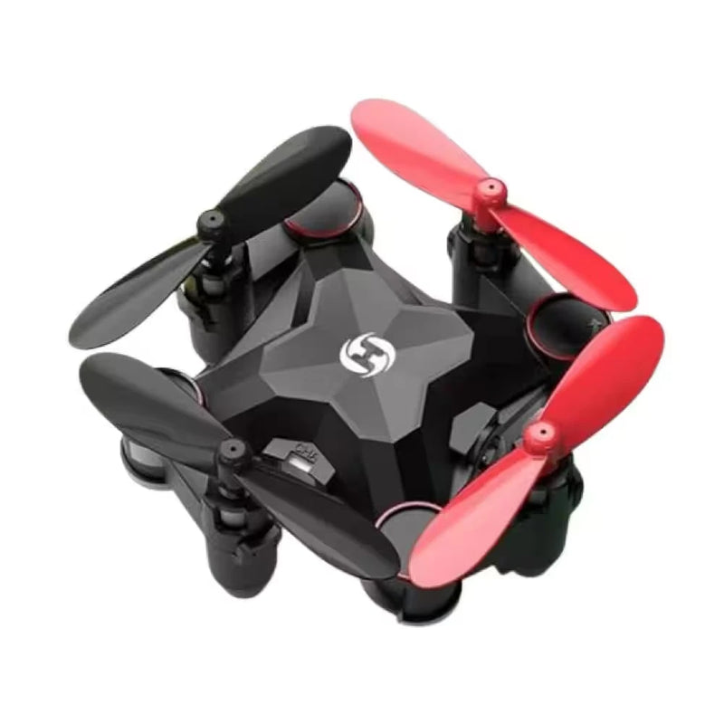 Mini foldable quadcopter drone with black body and red propellers